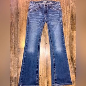 Wrangler Rock 47 Jeans Low Rise Bootcut Whiskered Heavy Stitching &Embroidered